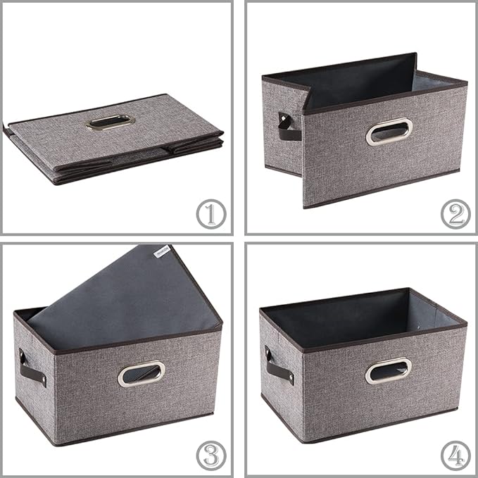 PRANDOM Fodable Storage Baskets for Closet [5-Pack] Decorative Fabric Storage Bins Cubes with Leather/Metal Handles for Shelves Bedroom Living Room Grey (11.5x8.5x6.7 Inch)