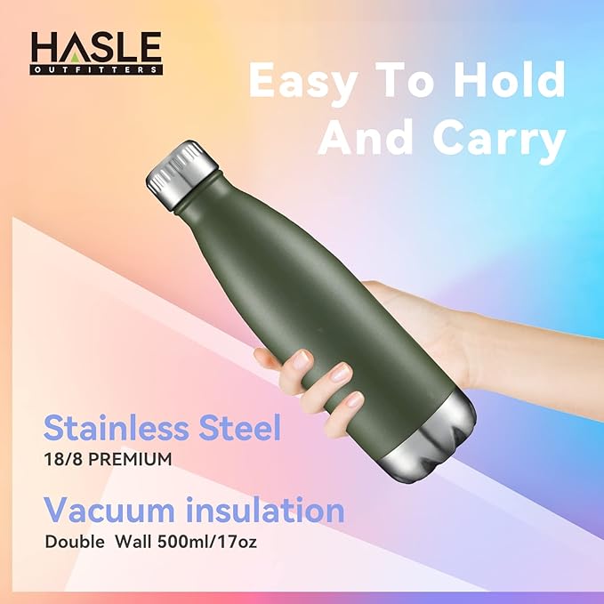 HASLE OUTFITTERS 17oz Stainless Steel Water Bottles, Vacuum Insulated Double Walled Powder Coated Reusable Metal Sports Water Bottles Keep Drinks Hot and Cold, ArmyGreen, 1Pack