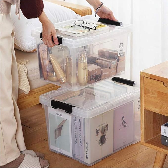 Ggbin 34 Quart Clear Lidded Storage Container Tote, Plastic Storage Box Bin with Black Latch, 4 Packs