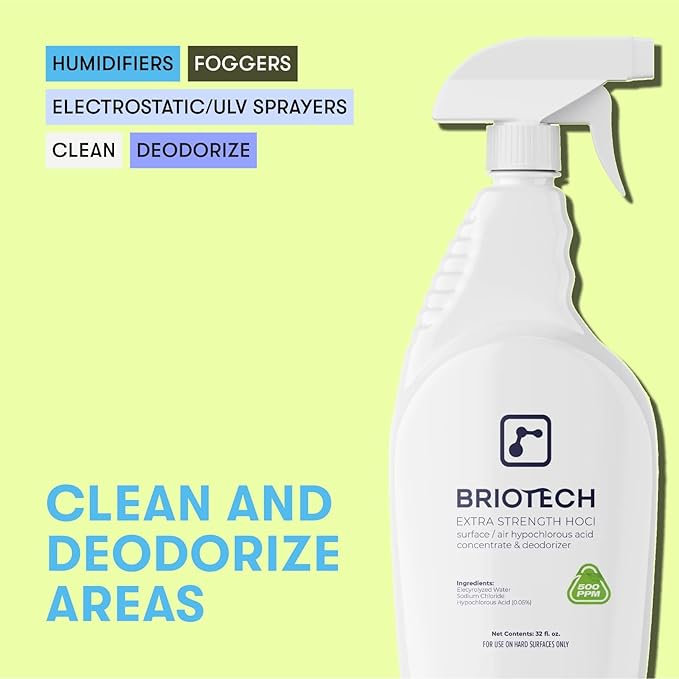 BRIOTECH Extra Strength HOCl Cleaner, 500 PPM Hypochlorous Acid Concentrate, ULV Foggers & Humidifiers, Professional Deodorizer for Dental, Offices, Schools, Homes, Peroxide Free, 32 fl oz (12 Pack)