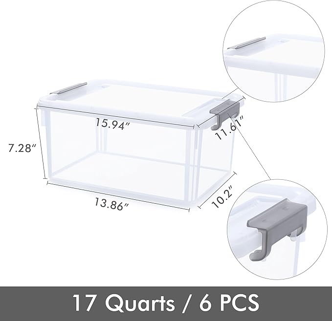 Citylife 6 Packs 17 QT Plastic Storage Bins with Lids Large Stackable Storage Containers for Organizing Clear Storage Box for Garage, Closet, Kitchen