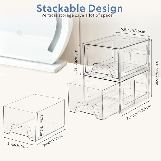 Plastic Drawers Storage, 4 Pack Clear Stackable Storage Drawers, Acrylic Storage Bins with Drawers for Fridge Organizers, Small PlasticDrawers Stackable for Makeup Organizers Cosmetic Display