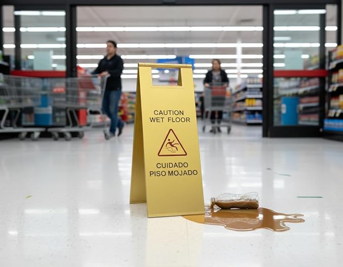 2 Pcs Wet Floor Sign, 24 Inch Gold Stainless Steel Caution Wet Floor Sign Double Sided Foldable Bilingual Commercial Safety Warning for Hotel Market Restroom Restaurant Office