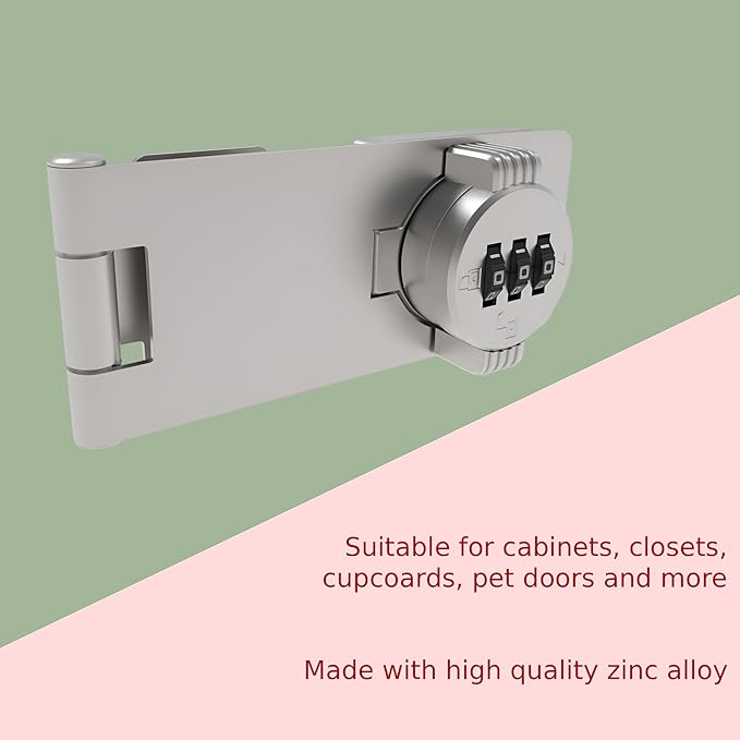 Keyless Combination Lock – 3-Digit Combination Lock for Cabinet Doors – Twist Knob Hasp Latch Lock with Password Code – Zinc Alloy Cabinet Door Latch for Kitchen Drawers, Cabinets, Cupboard (Silver)