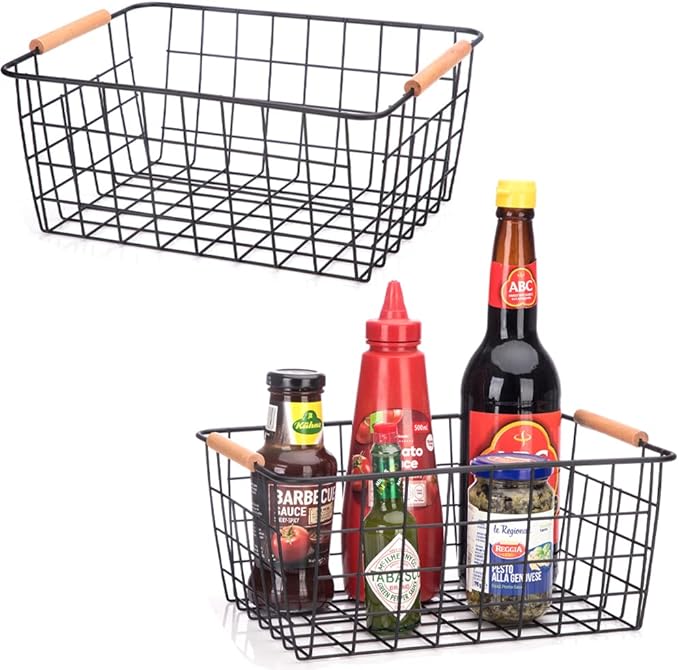 Metal Wire Food Storage Basket Organizer with Wooden Handles for Organizing pantry organizers and storage Kitchen Cabinets, 2 Packs-Black