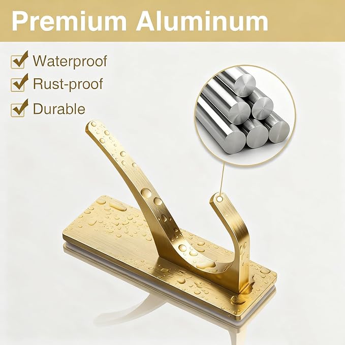 10 Pack Self Adhesive Coat Hooks for Hanging, Heavy Duty Stainless Double Wall Hook for Towel, Backpack, Hat, Sturdy Metal Hanger for Bathroom, Bedroom, Door, Wall Mounted, Brushed Gold