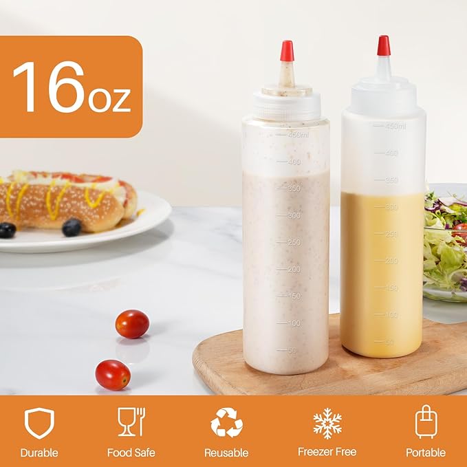 Squeeze Bottles, 16oz Leak-Proof Wide Mouth Condiment Squeeze Bottles for Liquids Sauces Ketchup Oil, 6 Pack