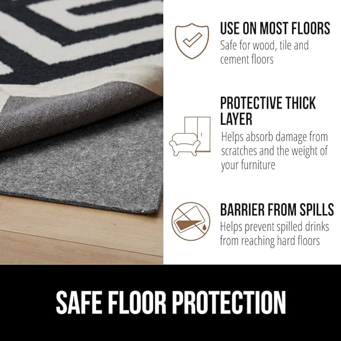 GORILLA GRIP Felt and Natural Rubber Stay in Place Slip Resistant Rug Pad, 1/8in Thick, 3x5 FT Protective Padding Under Area Rugs, Cushioned Gripper Pads, Carpet Runners, Hardwood Floors Protection