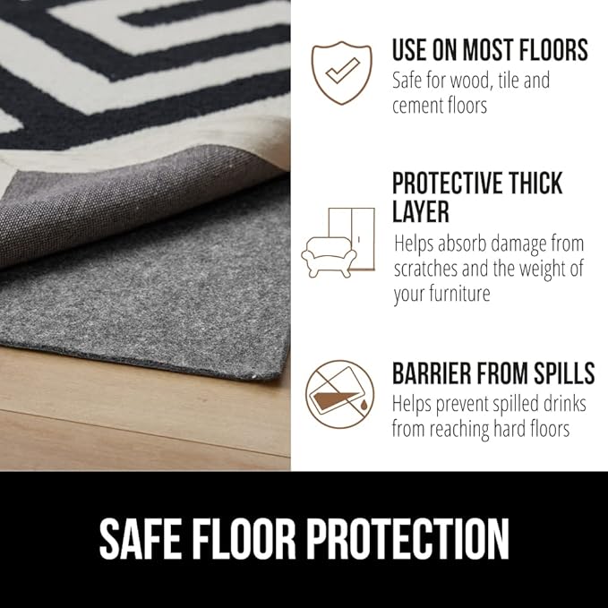 GORILLA GRIP Felt and Natural Rubber Stay in Place Slip Resistant Rug Pad, 1/8in Thick, 8x10 FT Protective Padding Under Area Rugs, Cushioned Gripper Pads, Carpet Runners, Hardwood Floors Protection