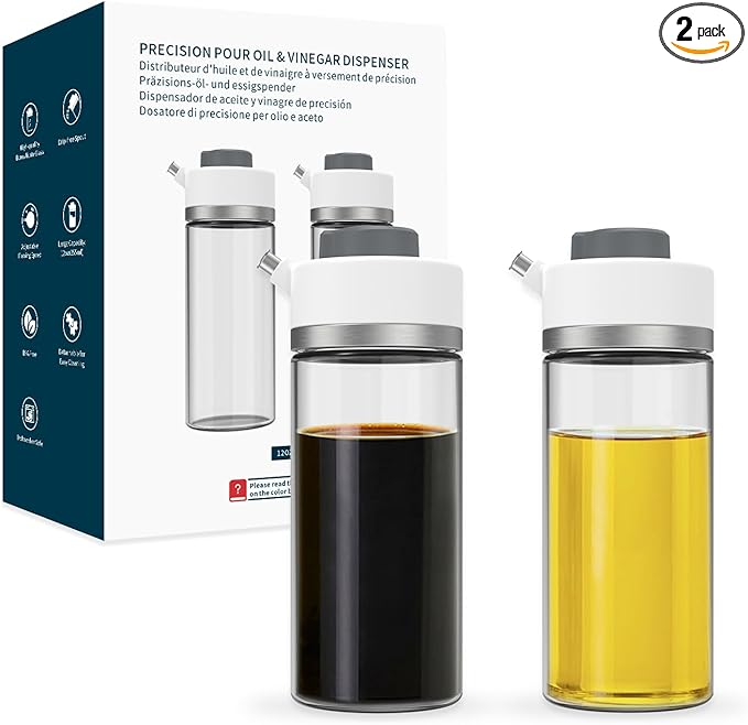 KITCHENDAO Precision Pour Glass Oil Dispenser 2-Piece Set with 3 Modes, Drip-Free Spout, Two Adjustable Flow Speeds, 12 oz Oil and Vinegar Dispensing Bottle 2 Pack Set for Kitchen
