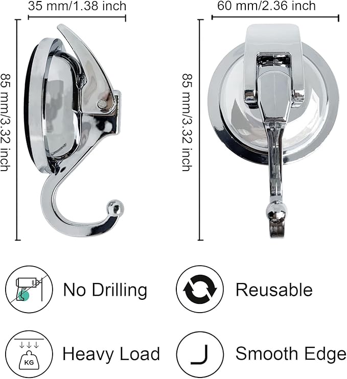 Heavy Duty Suction Cup Hooks for Shower, Bathroom Robe - Vacuum Glass Hooks, Reusable, No Hole Punched, for Garland Decoration (Silver, 2 Pack)