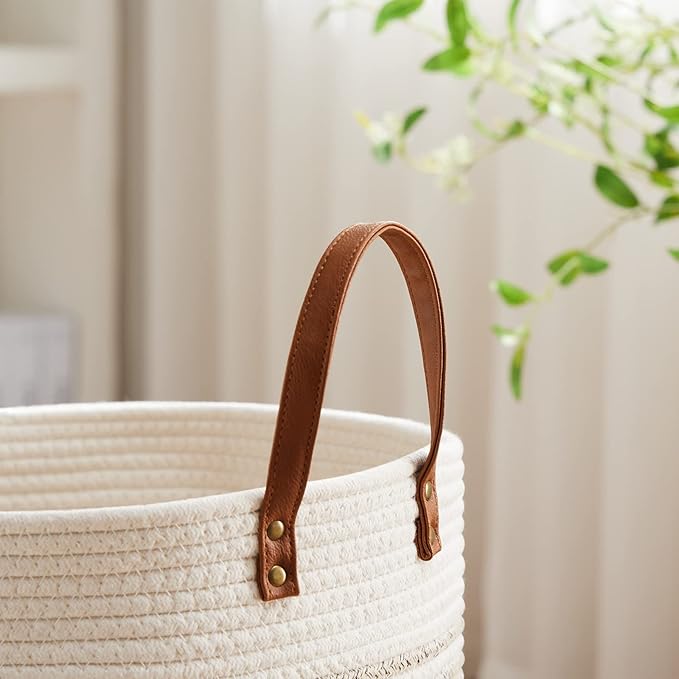 VIPOSCO Tall Laundry Basket, Large Dirty Clothes Hamper with Leather Handle, Woven Rope Storage Basket for Blanket, Toy In Living Room, Bathroom, Bedroom - 72L Brown & White