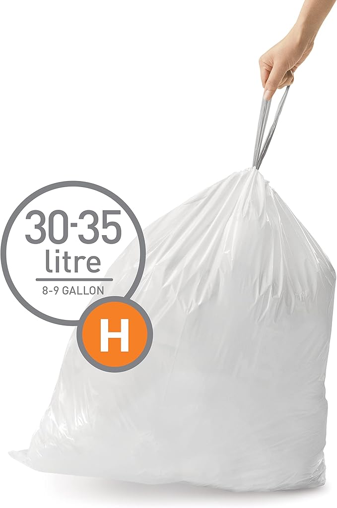 simplehuman Code H 100 Count, Dispenser Pack Custom Fit Liners, Drawstring Trash Bags, 30-35 Liter / 8-9 Gallon, White