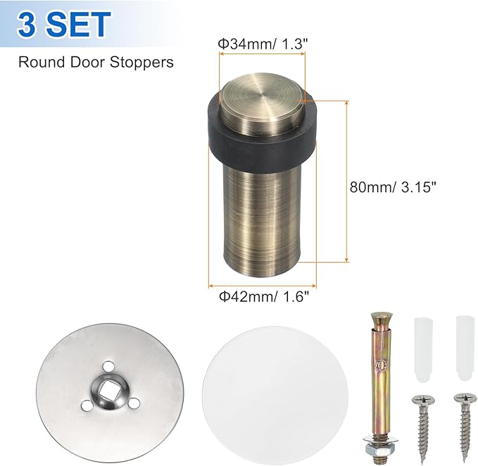 PATIKIL 3Set Round Door Stoppers, 80mm Stainless Steel Door Stop Doorstop Wedge Metal Cylinder Self Adhesive with Screw for Bottom of Door Floor Inside, Bronze