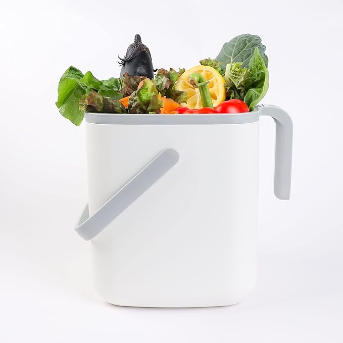BLUE GINKGO Kitchen Compost Bin [5L / 1.32 GAL] – Filter-Free, Odor-Tight Countertop Food Waste Pail with Handles (Made in Korea, White)