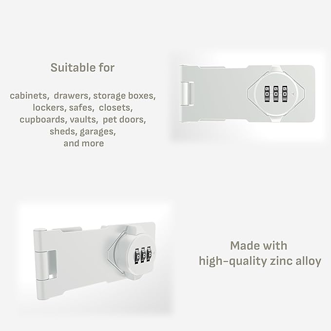 Keyless Combination Lock –3-Digit Combination Lock for Cabinet Doors – Twist Knob Hasp Latch Lock with Password Code – Zinc Alloy Cabinet Door Latch for Kitchen Drawers, Cabinets, Cupboard (White)