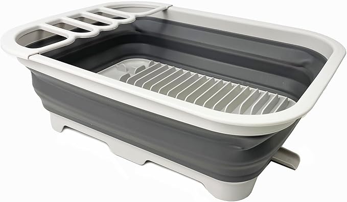 SAMMART 12L (3.17 Gallon) Collapsible Dish Drainer with Swivel spout - Foldable Drying Rack Set - Portable Dinnerware Organizer - Space Saving Kitchen Storage Tray (Grey/Steel Grey)