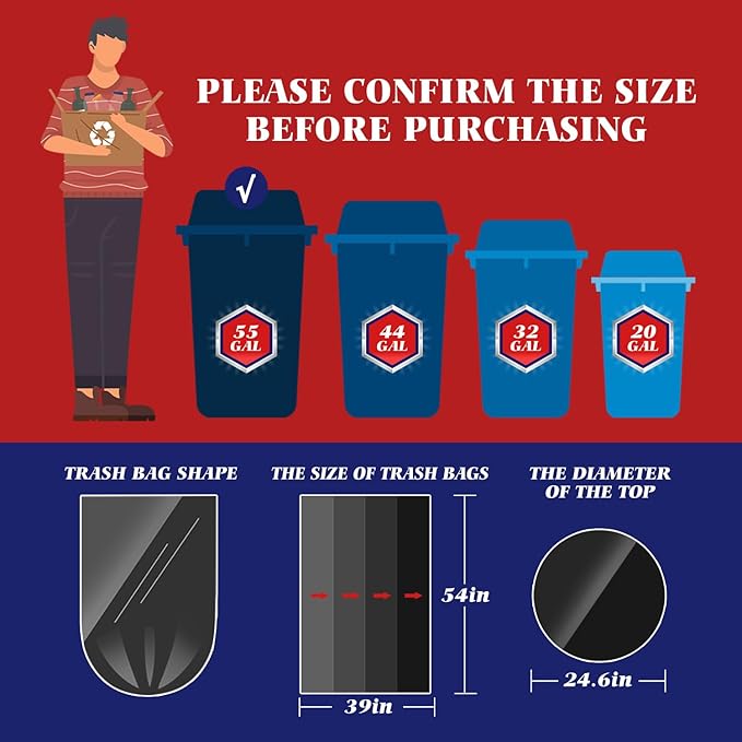 Teivio 55-60 Gallon Black Trash Bags | 170 Bags Extra Large Multi-Use Heavy Duty Commercial Garbage Bags | Lawn And Leaf Bags | Outdoor Yard Waste Bag | Contractor Workshops Trash Bin Liner