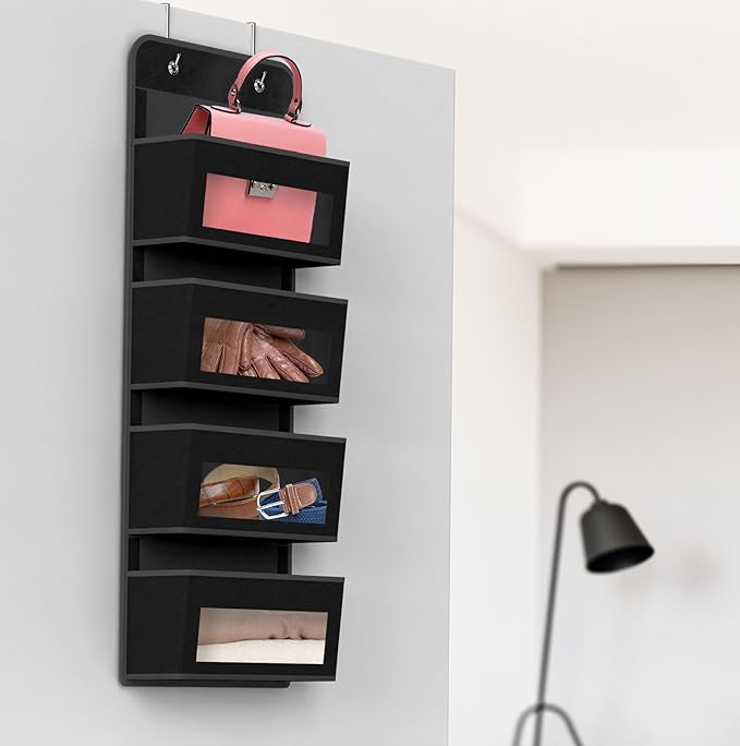 Simple Houseware 4 Clear Window Pocket Over Closet Door Storage Hanging Organizer for Bedroom, Bathroom, Pantry, Black
