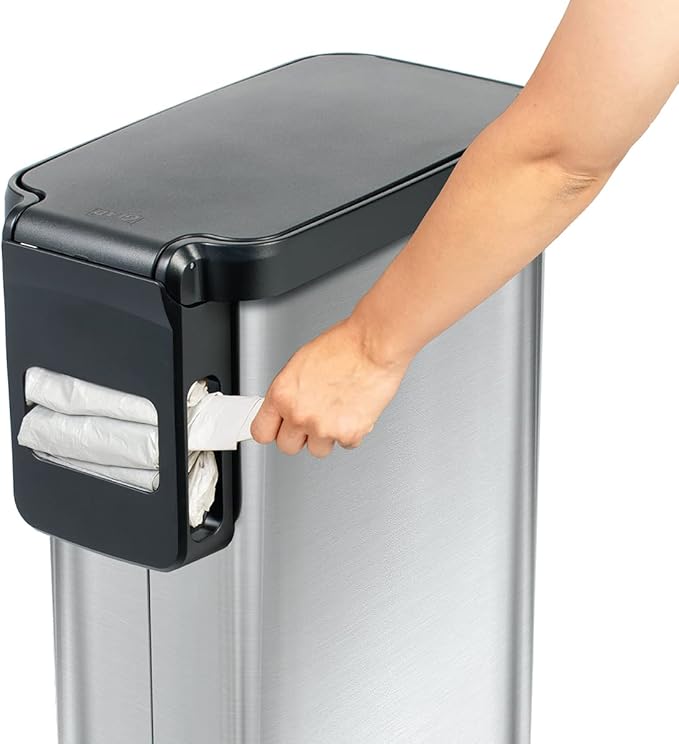 Glad Slim Trash Can with Clorox Odor Protection - Narrow Kitchen Garbage Bin with Soft Close Lid, Step On Foot Pedal and Waste Bag Roll Holder, Stainless Steel, 45 Liter