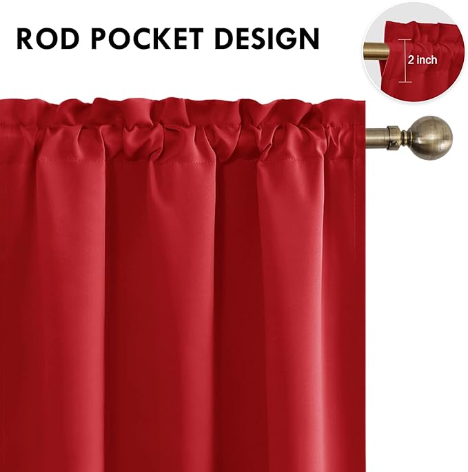 DWCN Christmas Blackout Curtains Thermal Insulated Energy Saving Bedroom and Kitchen Curtains Window Treatments, W 38 x L 45 Inch, Set of 2 Red Rod Pocket Drapes
