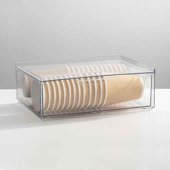 mDesign Plastic Wide Stackable Kitchen Storage Organizer Bin Containers with Front Pull Drawer for Cabinet, Pantry, Fridge, Freezer, Shelf, Refrigerator Organization, Lumiere Collection, 4 Pack, Clear