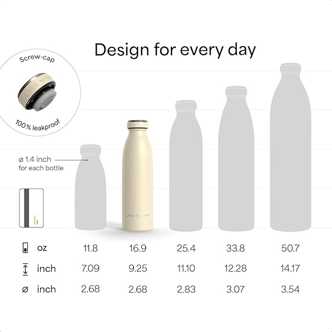 LARS NYSØM Stainless Steel Insulated Water Bottle 12oz 17oz 25oz 34oz 51oz | Insulated Thermo Flask for Hot and Cold Beverages | Leakproof Drinking Bottle (Misty Blue, 17oz)