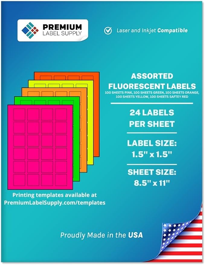 Premium Label Supply Bright Neon Color Fluorescent Sticker Labels - 1.5" x 1.5" Square Labels - (Assorted Fluorescent, 12,000 Labels)