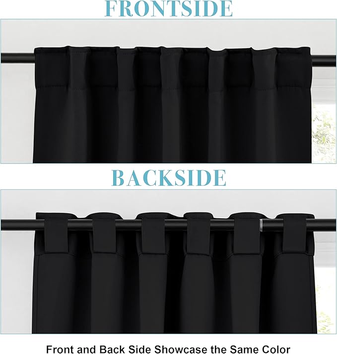 RYB HOME Blackout Curtains for Bedroom, Back Tab Curtain Drapes for Dining Room/Living Room/Garage/Staircase Window, Wide 42 x Long 72 inch, Black, 1 Pair