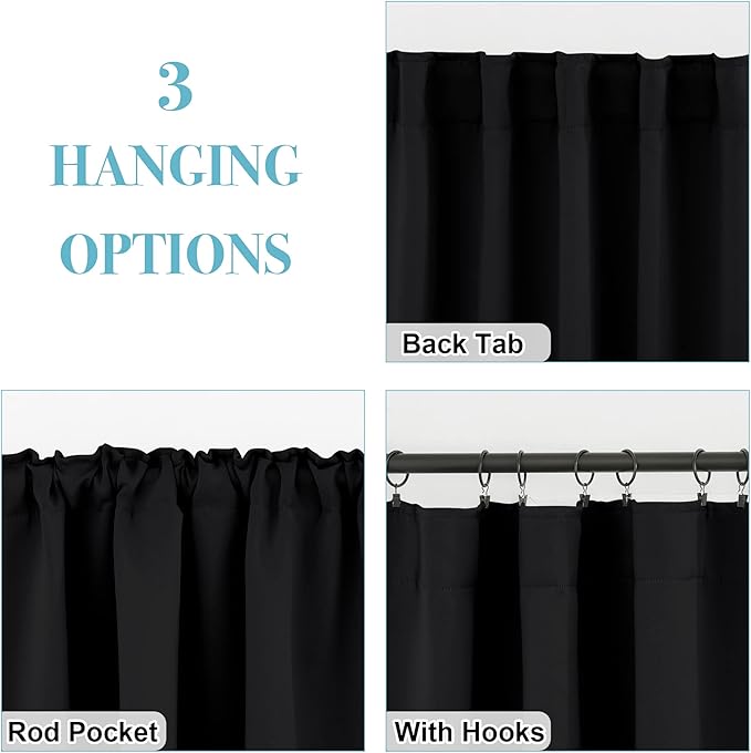 RYB HOME Blackout Curtains Pair - Solid Country Window Decorating Panels Light Block Drapes for Bedroom Kitchen Office Privacy Curtains for Gift, Wide 42 x Long 54 inch, Black, Set of 2