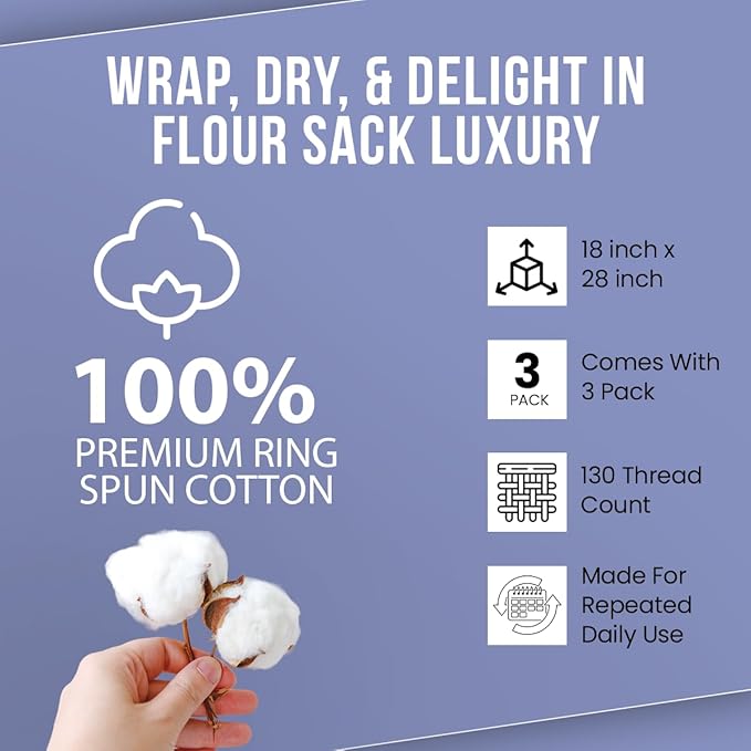 WHITEWRAP Flour Sack Towels 18x28 – 100% Cotton (Pack of 3), Reusable Kitchen Tea Towels for Baking, Crafts, Embroidery Ideas