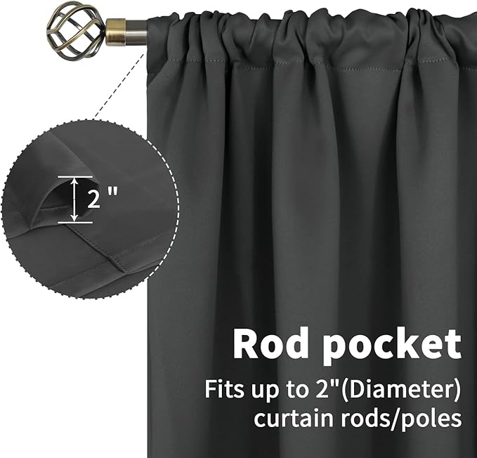 BGment Short Blackout Curtains for Bedroom - Rod Pocket Thermal Insulated Room Darkening Curtain for Kitchen, 52 x 45 Inch, 2 Panels, Dark Grey