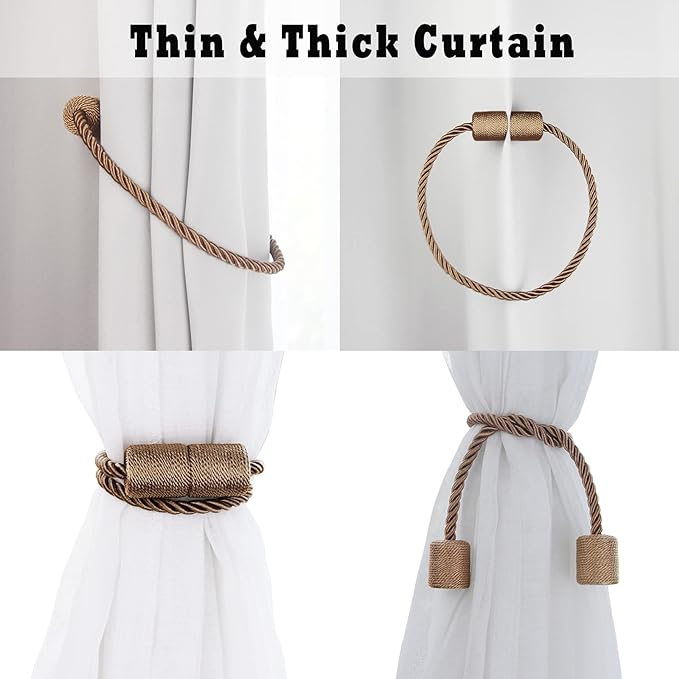 6 Pack Khaki Strong Magnetic Curtain Tiebacks Outdoor Elegant Decorative Tie Backs Modern Rope Tiebacks for Drapes Window Curtain Holdbacks for Draperies