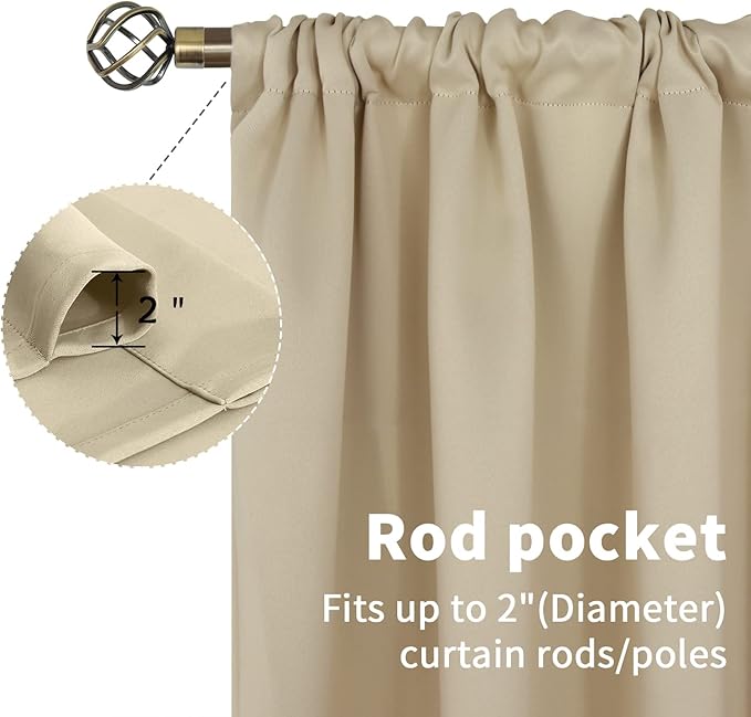 BGment Beige Blackout Curtains for Short Window - Rod Pocket 54 Inch Width Thermal Insulated Room Darkening Curtain for Bedroom Kitchen Cafe, 52 x 45 Inch, 2 Panels, Beige