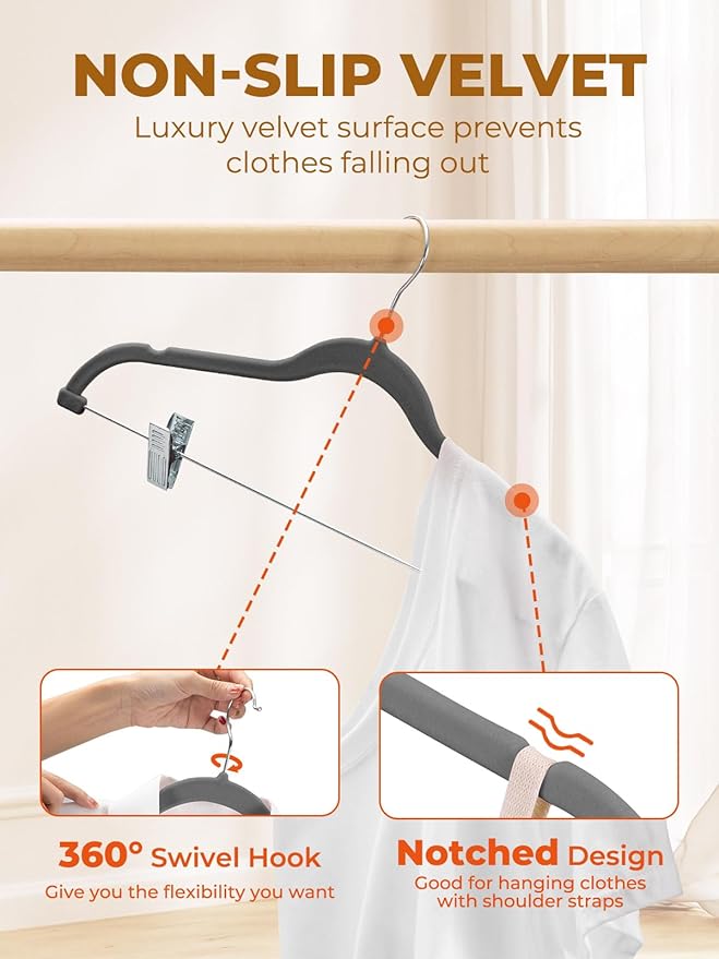 HOUSE DAY Velvet Skirt Hangers 24 Pack, Gray Hangers with Adjustable Clips, Space Saving Slim Velvet Pant Hanger, Heavy Duty Non Slip Clip Hanger for Pants, Skirts, Shorts
