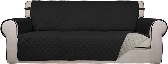 PureFit Reversible Quilted Sofa Cover, Water Resistant Slipcover Furniture Protector, Washable Couch Cover with Non Slip and Elastic Straps for Kids, Dogs, Pets (Sofa, Black/Beige)