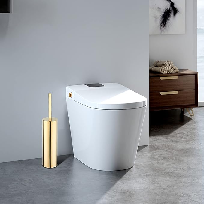 Toilet Brush and Holder Set Gold Stainless Steel, 304 Heavy Duty Round Toilet Brush Set – Rust Resistant, Long Handle, Replacement Heads, Floor Standing Bathroom Toilet Cleaning Brush