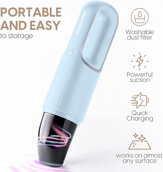 STARUMENT Portable Hand Vacuum Cleaner Handheld Cordless Cleaner for Dust, Pet Hair Dirt Home, Car Interior Lightweight, Easy to Use, Compact Design Battery Rechargeable with USB-C Cable (Blue)