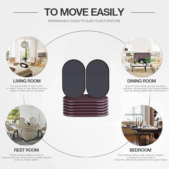 Reusable Large Furniture Sliders for Carpet, Furniture Movers Sliders, Carpet Movers Oval Heavy Duty Sofa Bed Table Desk Movers for Carpet –Quickly and Easily Move Any Item, Brown (8 Pack)