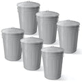 Plexon Round Trash Can 13 Gallon, Vintage Metal Outdoor Trash Can with Lid, Retro Farmhouse Garbage Container, Old School Modern Ash Bucket, Gray 6 Pack