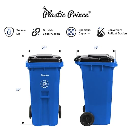 32 Gallon Trash Can with Wheels Outdoor Recycling Bin with Lid and Wheels Heavy Duty Rolling Garbage Can Commercial Wheeled Garbage Can for Home Garage Office, Set of Blue and Gray