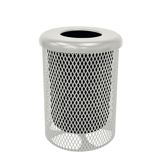 COATEDOUTDOORFURNITURE RFT-Gry Heavy Duty Round Trash Receptacle with Flat Top, Liner Included, 32 Gallon, Gray, Made in America