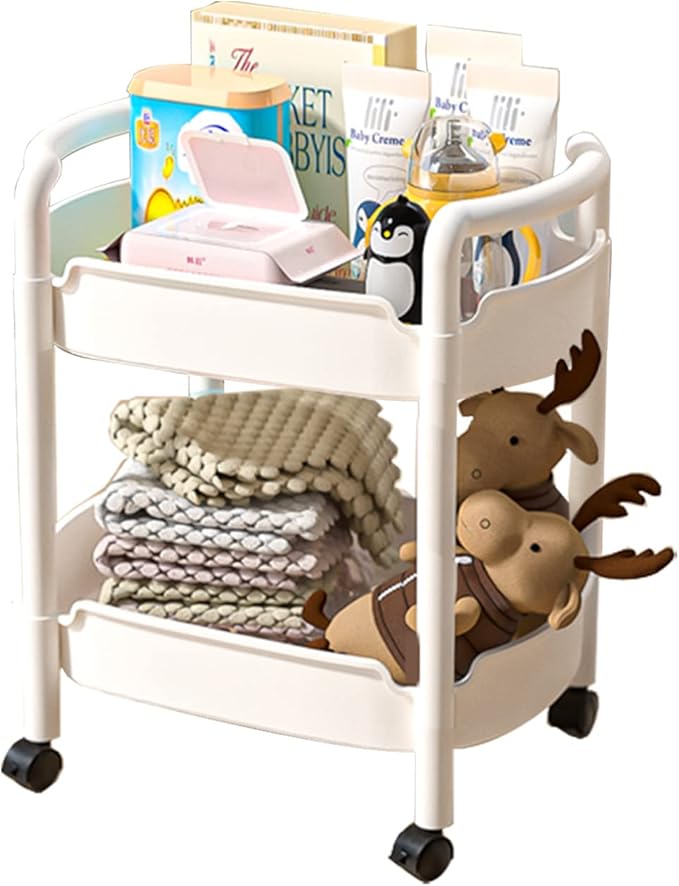 2-Tier Plastic Rolling Utility Cart with Handle Tower Rack Snack Cart with Wheels Multi-Functional Storage Trolley for Kitchen Bathroom Laundry Home Office Living Room Organization, White