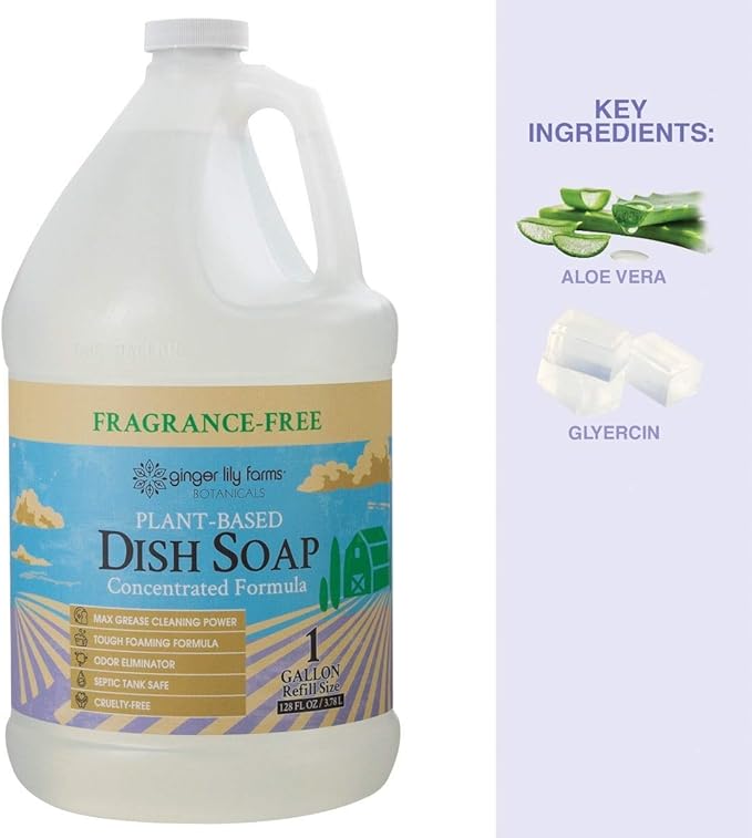Ginger Lily Farms Botanicals Plant-Based Liquid Dish Soap, Concentrated Formula with Max Grease Cleaning Power, Cruelty-Free, Fragrance-Free, 1 Gallon Refill (Pack of 4)