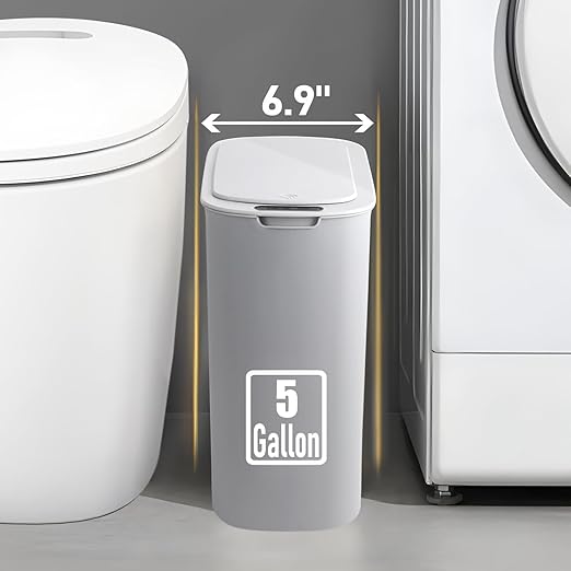 5 Gallon Motion Senor Bathroom Trash Can with Lid, Automatic Garbage Can Touchless, Smart Plastic Waste Basket for Narrow Spaces, Bathroom, Office, Bedroom, Living Room (Gray)