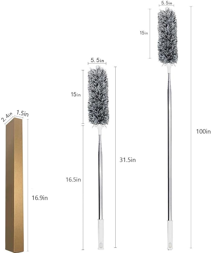 Microfiber Ceiling Fan Cleaner with 30–100" Telescopic Pole – Extendable Duster for High Ceilings and Fans, Bendable Washable Head, Reusable Cleaning Tool for Furniture, Cars, Keyboard