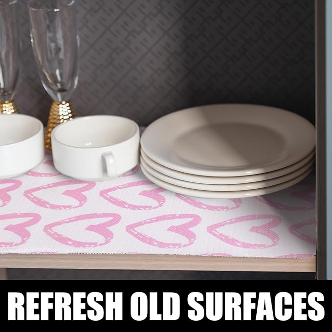 Pink Heart Shelf and Drawer Liner for Cabinets, 12IN x 20FT Non-Adhesive and Strong Non-Slip Shelf Cabinet Drawer Liners for Kitchen,Table,Bookshelves,Waterproof Cupboard Liners,Easy to Clean