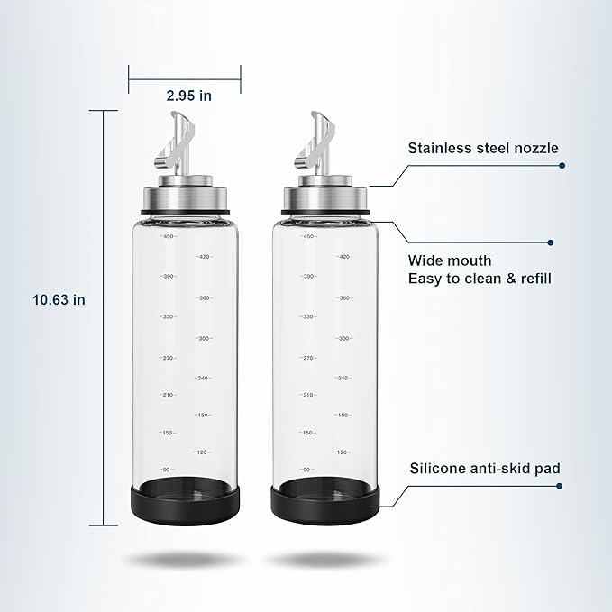 Suli Glass Olive Oil Dispenser Bottle -2 Pack17oz Oil and Vinegar Cruet Set with Steel Spouts and Labels for Kitchen Cooking, Salad Dressing, and BBQ (Silver)