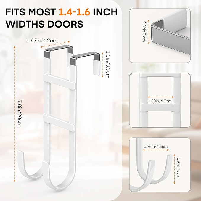 FYY Over The Door Hooks - 2 Pack Heavy Duty Dual-Hook Organizer Hanger with Non-Slip Rubber for Towels, Clothes, Hats & Bags Use in Bathroom, Bedroom, Kitchen - Fits Interior Doors Up to 1.6" White