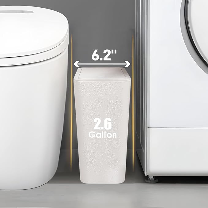 TIPGO Bathroom Trash Can with Lid, 10 Liter/ 2.6 Gallon Slim Garbage Can, Small Trash Bin Waste Basket with Pop-Up Lid for Kitchen, Bedroom, Living Room, Office (2 Pack, White)